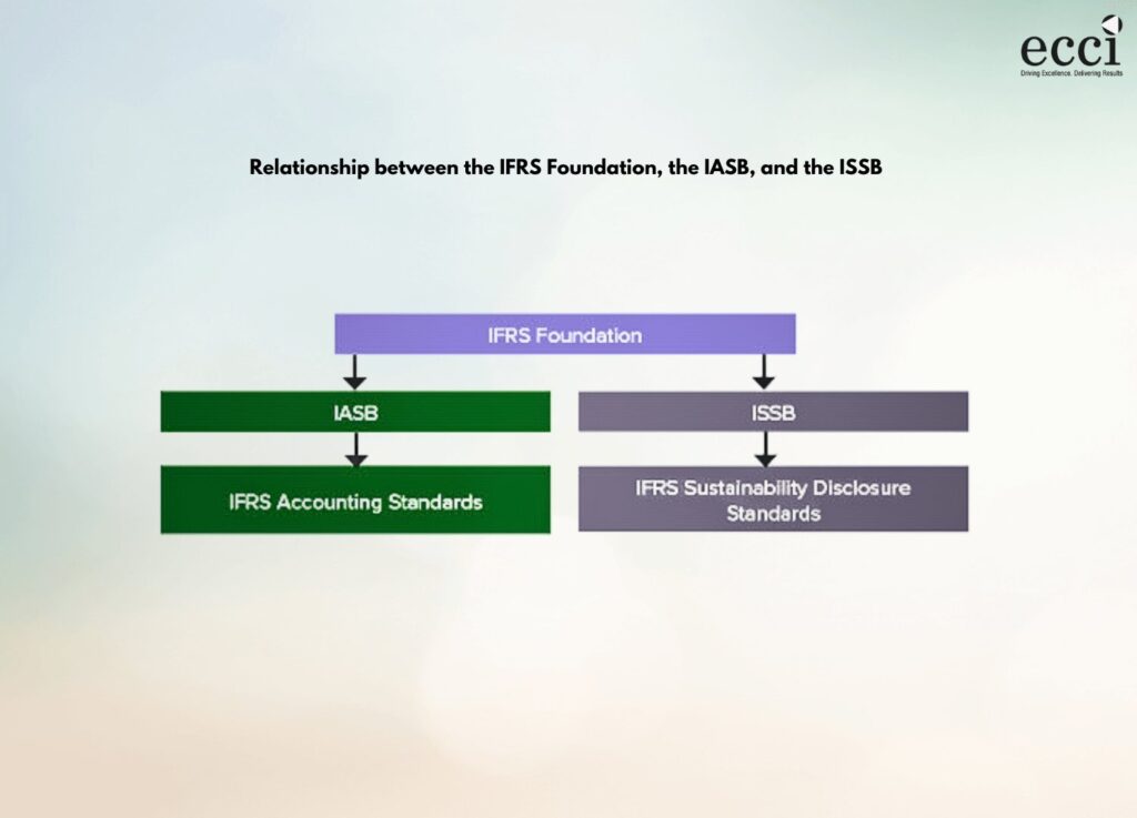 Flow chart depicting the relationship between the IFRS Foundation, the IASB, and the ISSB. The IFRS Foundation is divided into two branches: IASB and ISSB. Under IASB, there is 'IFRS Accounting Standards,' and under ISSB, there is 'IFRS Sustainability Disclosure Standards.'